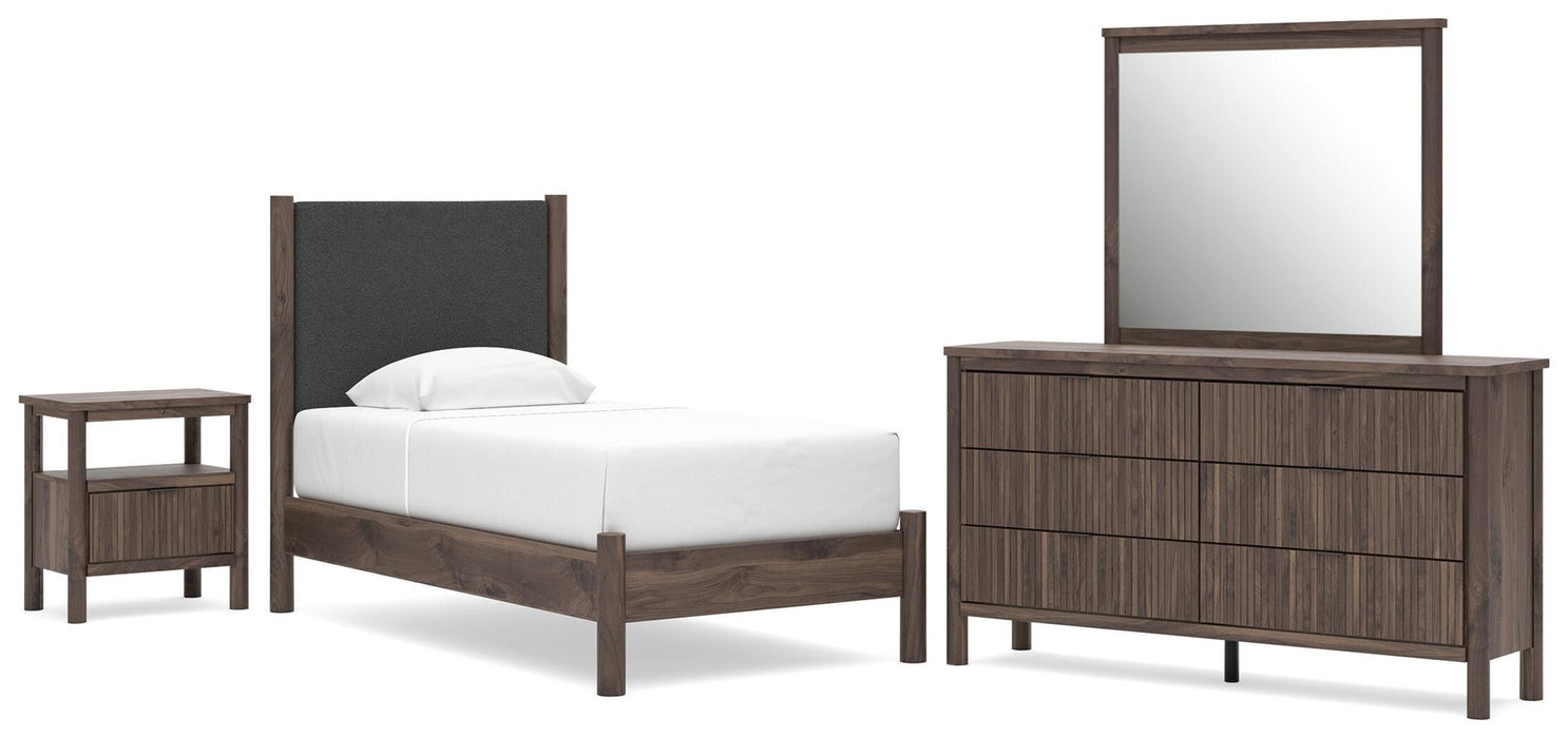 Cadmori Twin Upholstered Panel Platform Bed, Dresser, Mirror and Nightstand
