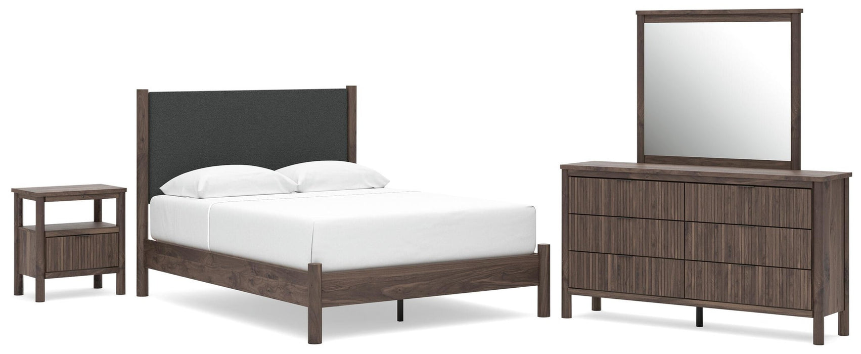 Cadmori Queen Upholstered Panel Platform Bed, Dresser, Mirror and Nightstand