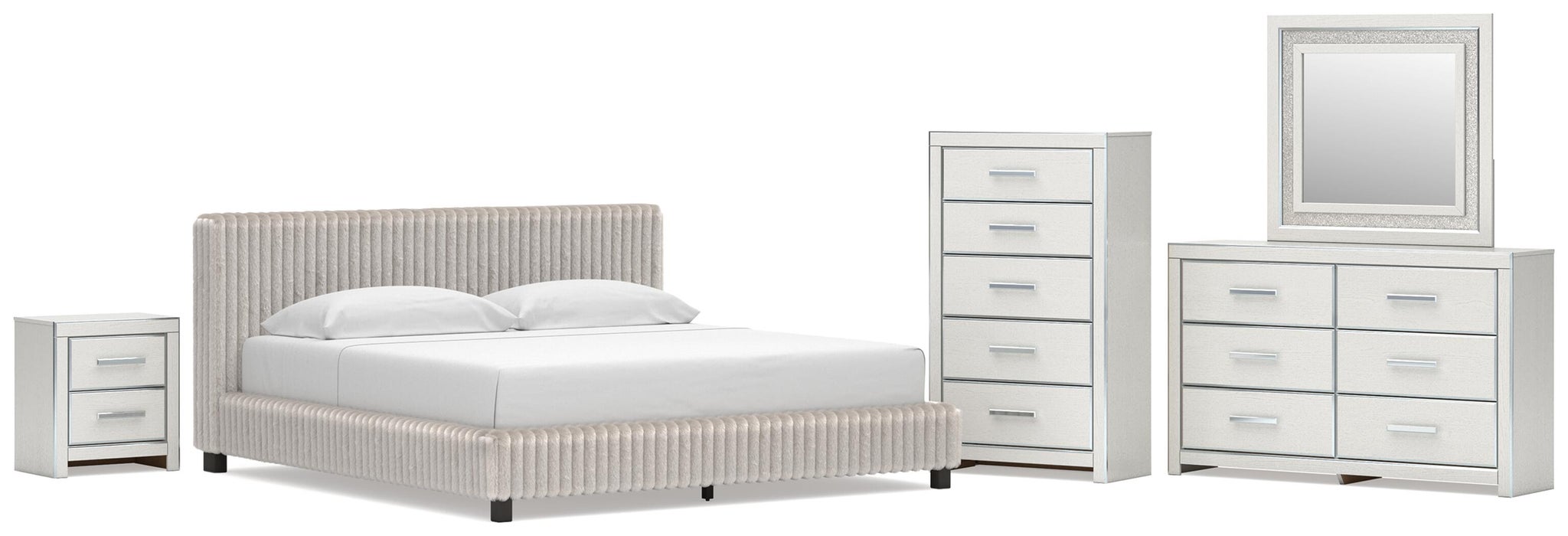 Birmonton King Upholstered Bed, Dresser, Mirror, Chest and Nightstand