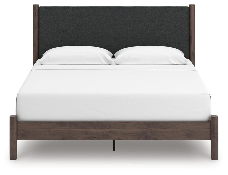 Cadmori King Upholstered Panel Platform Bed, Dresser, Mirror, Chest and Nightstand