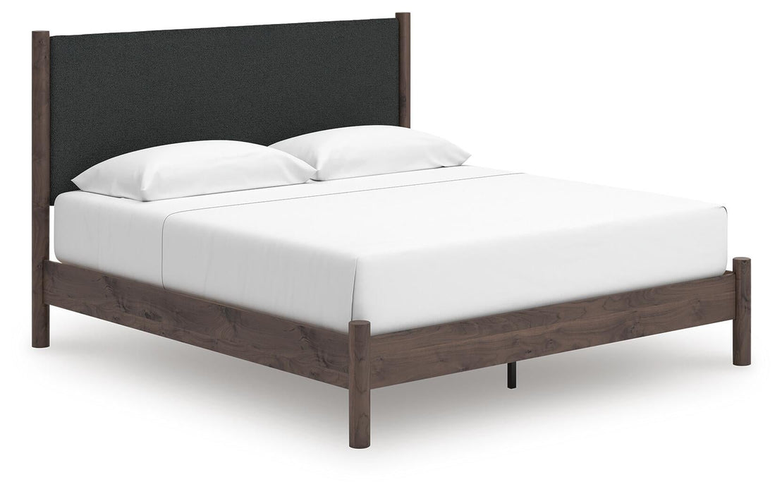 Cadmori King Upholstered Panel Platform Bed, Dresser, Mirror, Chest and Nightstand