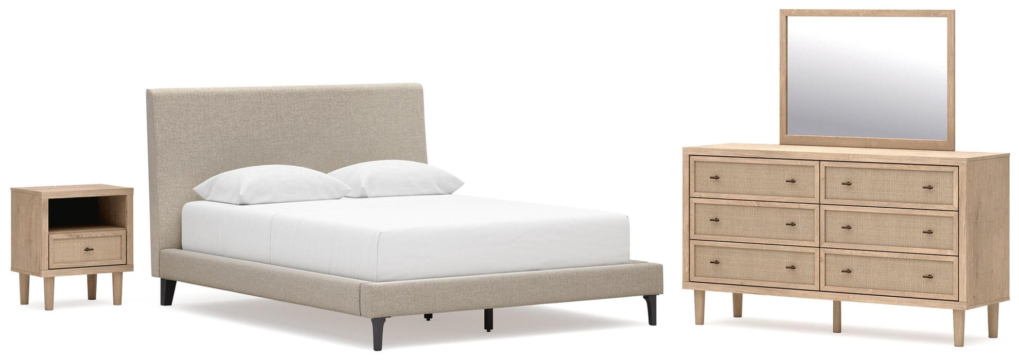 Cielden Queen Upholstered Bed with Roll Slats, Dresser, Mirror and Nightstand