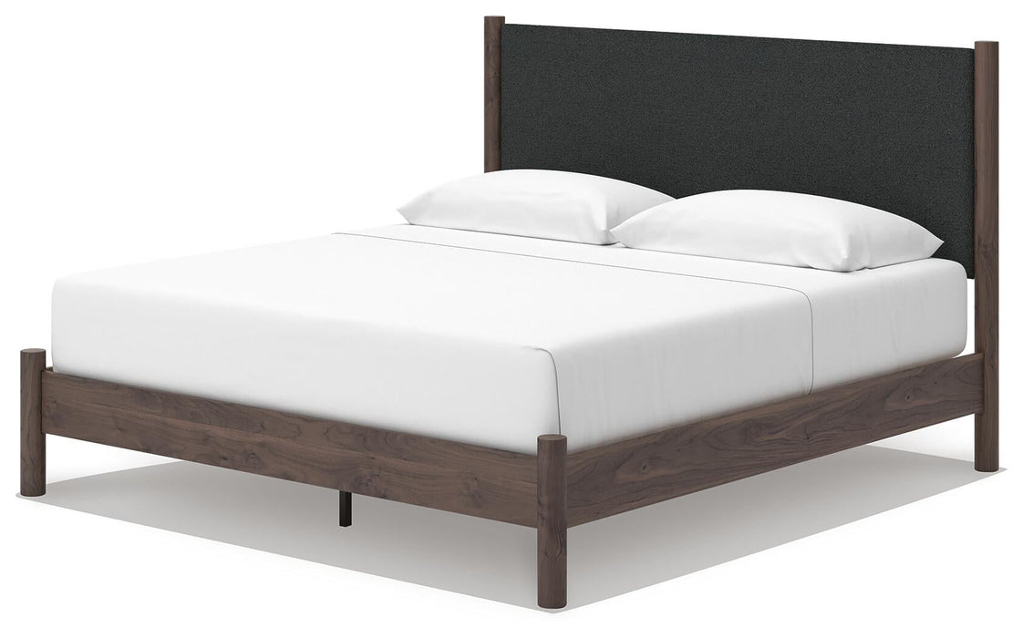 Cadmori King Upholstered Panel Platform Bed, Dresser, Mirror and Nightstand