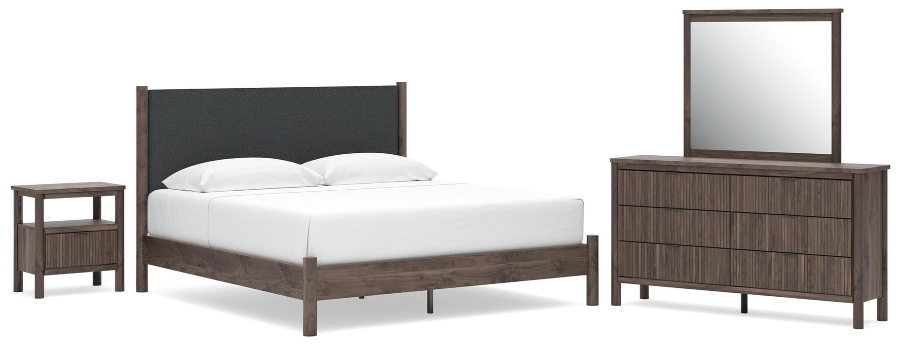 Cadmori King Upholstered Panel Platform Bed, Dresser, Mirror and Nightstand