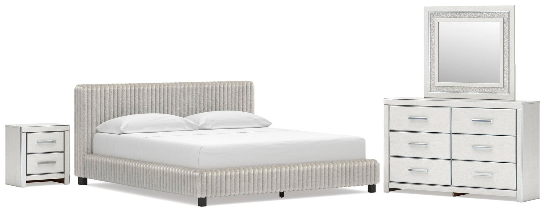 Birmonton California King Upholstered Bed, Dresser, Mirror and Nightstand