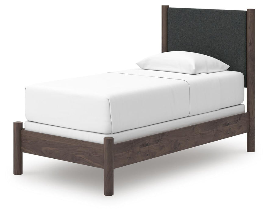 Cadmori Twin Upholstered Panel Bed, Dresser and Mirror