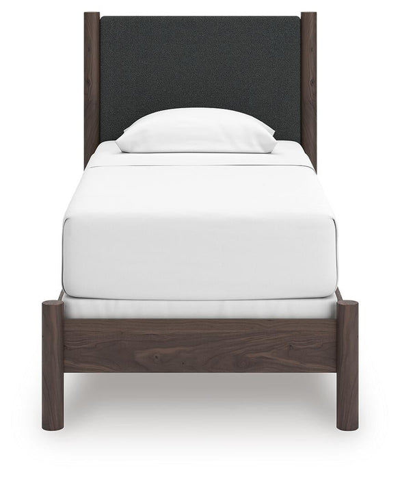 Cadmori Twin Upholstered Panel Bed, Dresser, Mirror, Chest and Nightstand