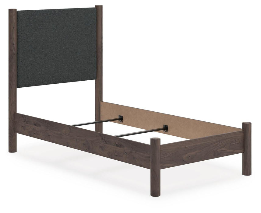 Cadmori Twin Upholstered Panel Bed, Dresser, Mirror, Chest and Nightstand