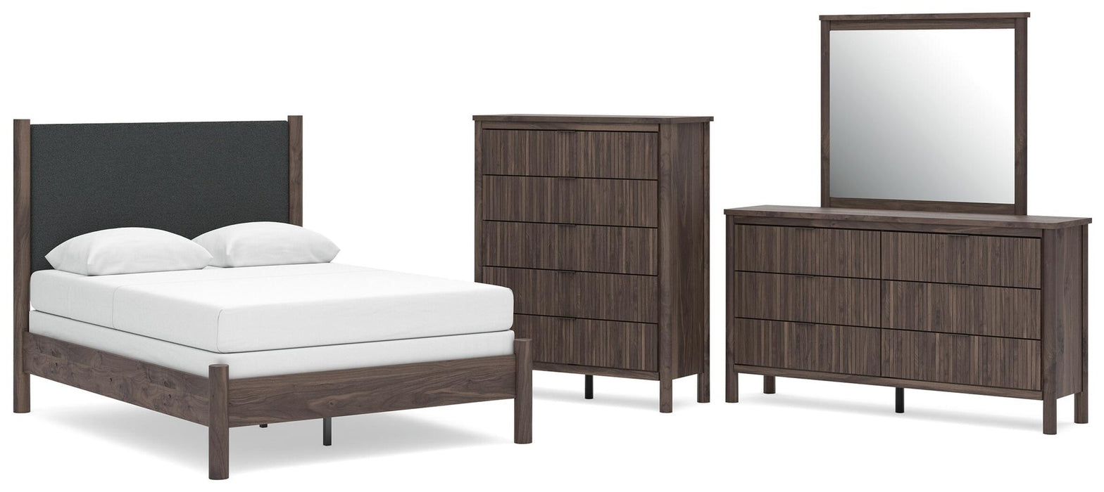 Cadmori Full Upholstered Panel Bed, Dresser and Mirror