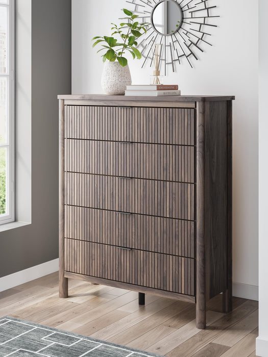 Cadmori Full Upholstered Panel Bed, Dresser, Mirror, Chest and Nightstand