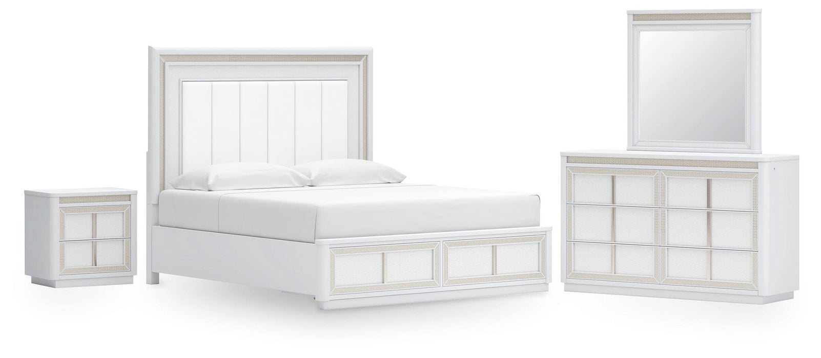 Chalanna California King Upholstered Storage Bed, Dresser and Mirror