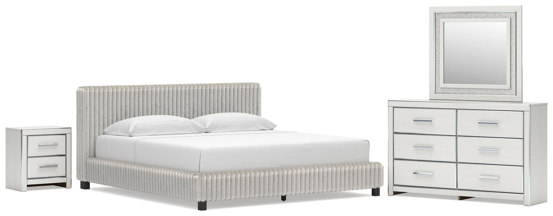 Birmonton King Upholstered Bed, Dresser, Mirror and Nightstand