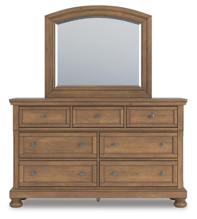 Vandenmore King Storage Sleigh Bed with Mirrored Dresser and Nightstand