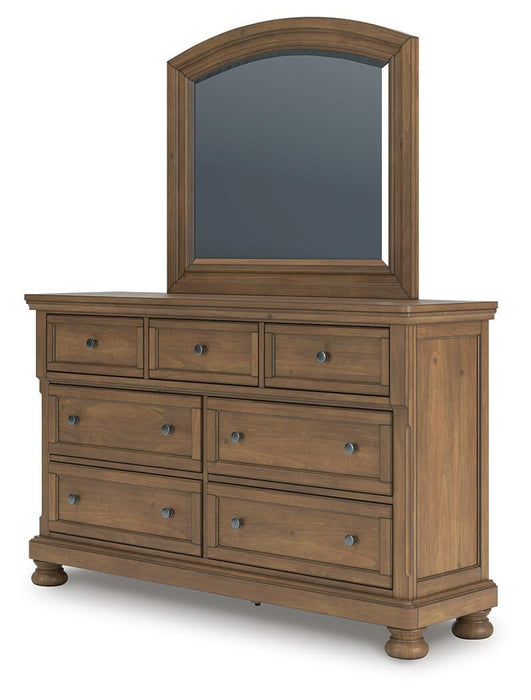 Vandenmore King Storage Sleigh Bed with Mirrored Dresser and Nightstand