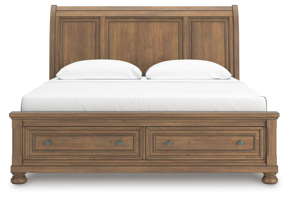 Vandenmore King Storage Sleigh Bed with Mirrored Dresser and Nightstand