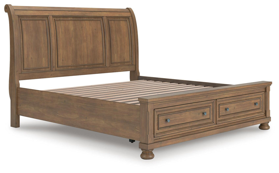 Vandenmore King Storage Sleigh Bed with Mirrored Dresser and Nightstand