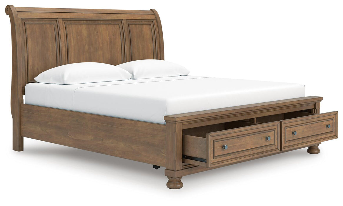 Vandenmore King Storage Sleigh Bed with Mirrored Dresser and Nightstand
