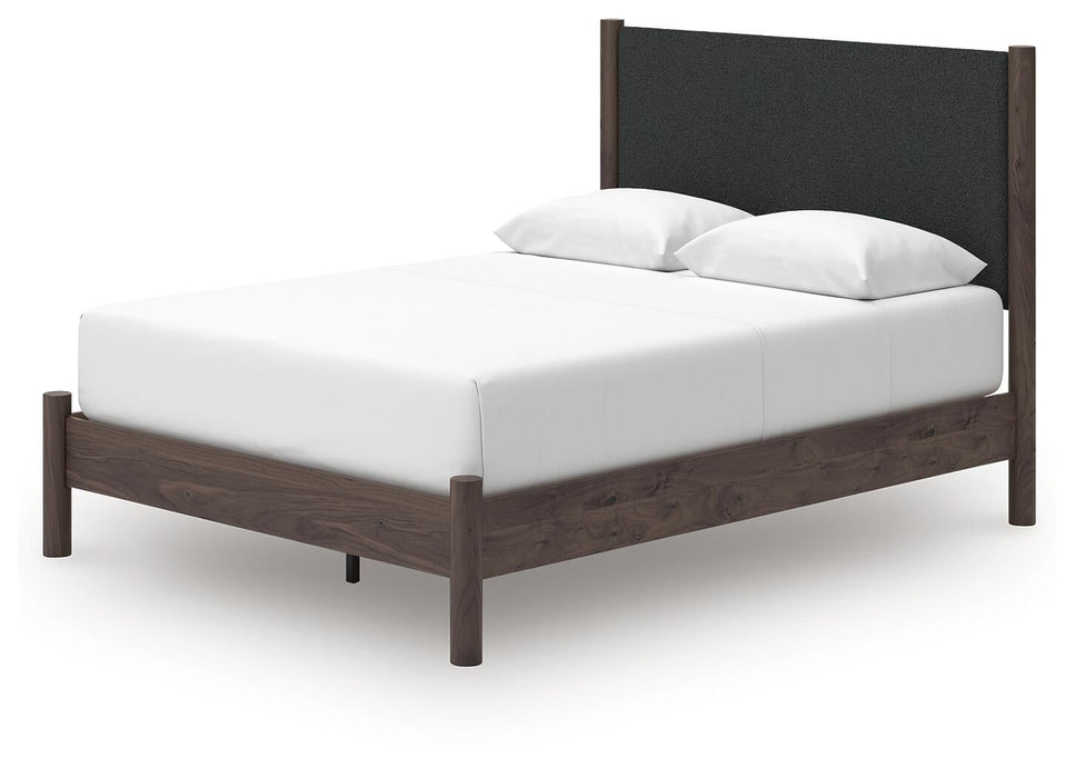 Cadmori Queen Upholstered Panel Platform Bed, Dresser, Mirror, Chest and Nightstand