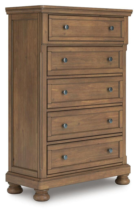 Vandenmore California King Panel Bed with Mirrored Dresser, Chest and Nightstand