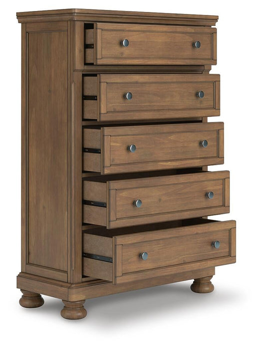 Vandenmore California King Panel Bed with Mirrored Dresser, Chest and Nightstand