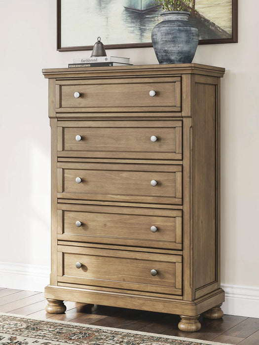 Vandenmore California King Panel Bed with Mirrored Dresser, Chest and Nightstand