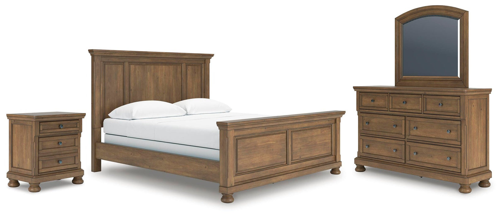 Vandenmore California King Panel Bed with Mirrored Dresser and Nightstand