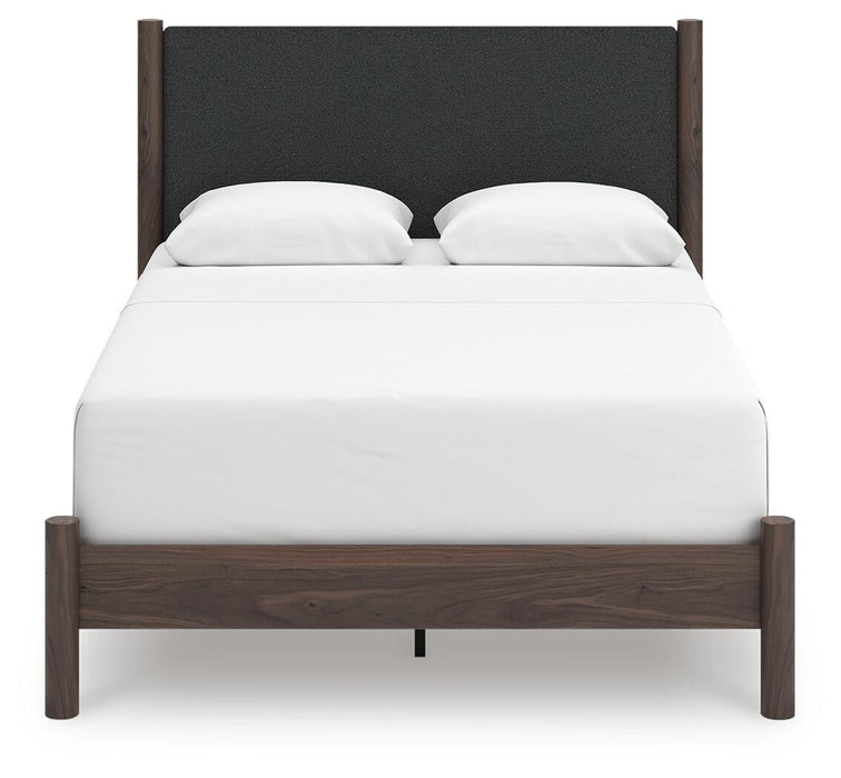 Cadmori Queen Upholstered Panel Bed, Dresser, Mirror and Nightstand