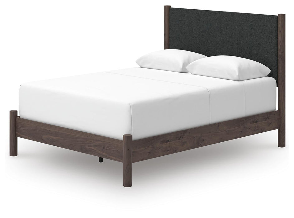 Cadmori Queen Upholstered Panel Bed, Dresser, Mirror and Nightstand