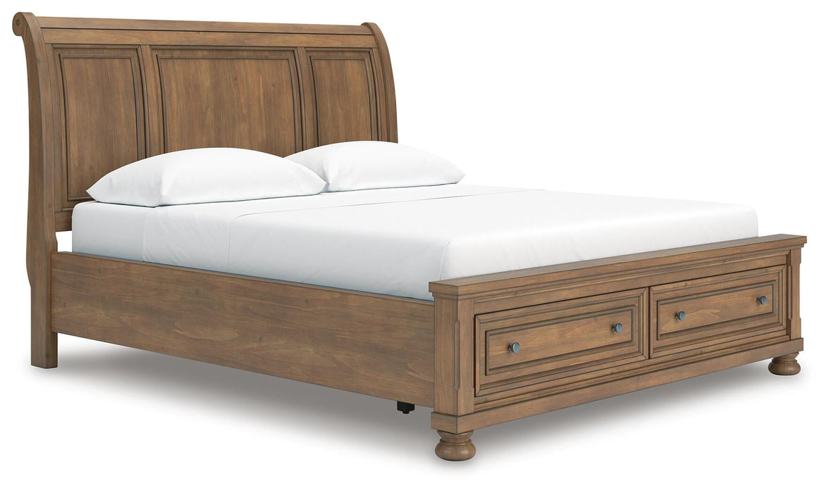 Vandenmore California King Storage Sleigh Bed with Mirrored Dresser