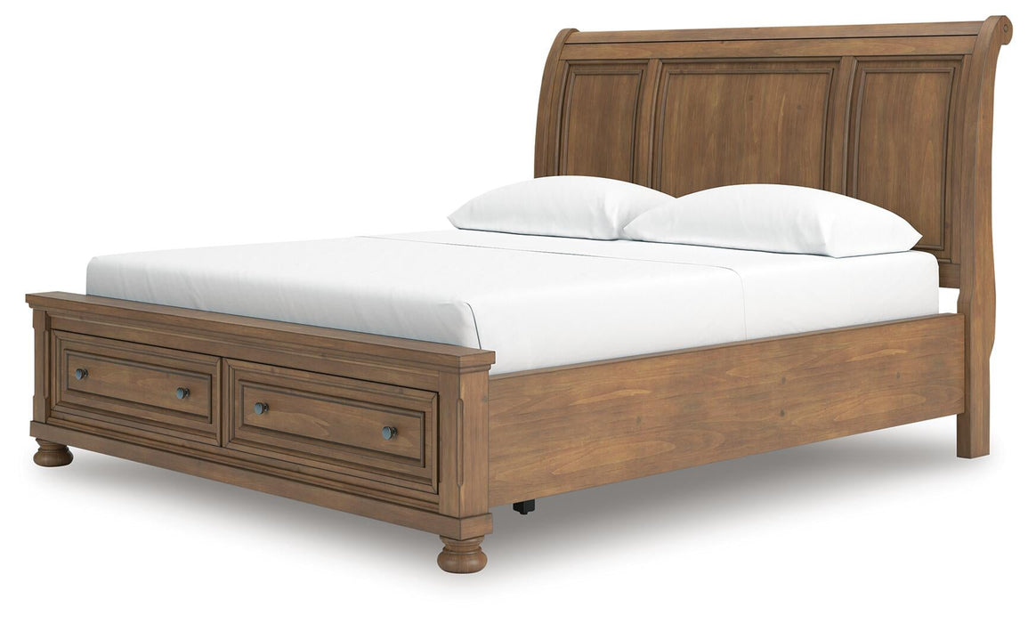 Vandenmore California King Storage Sleigh Bed with Mirrored Dresser