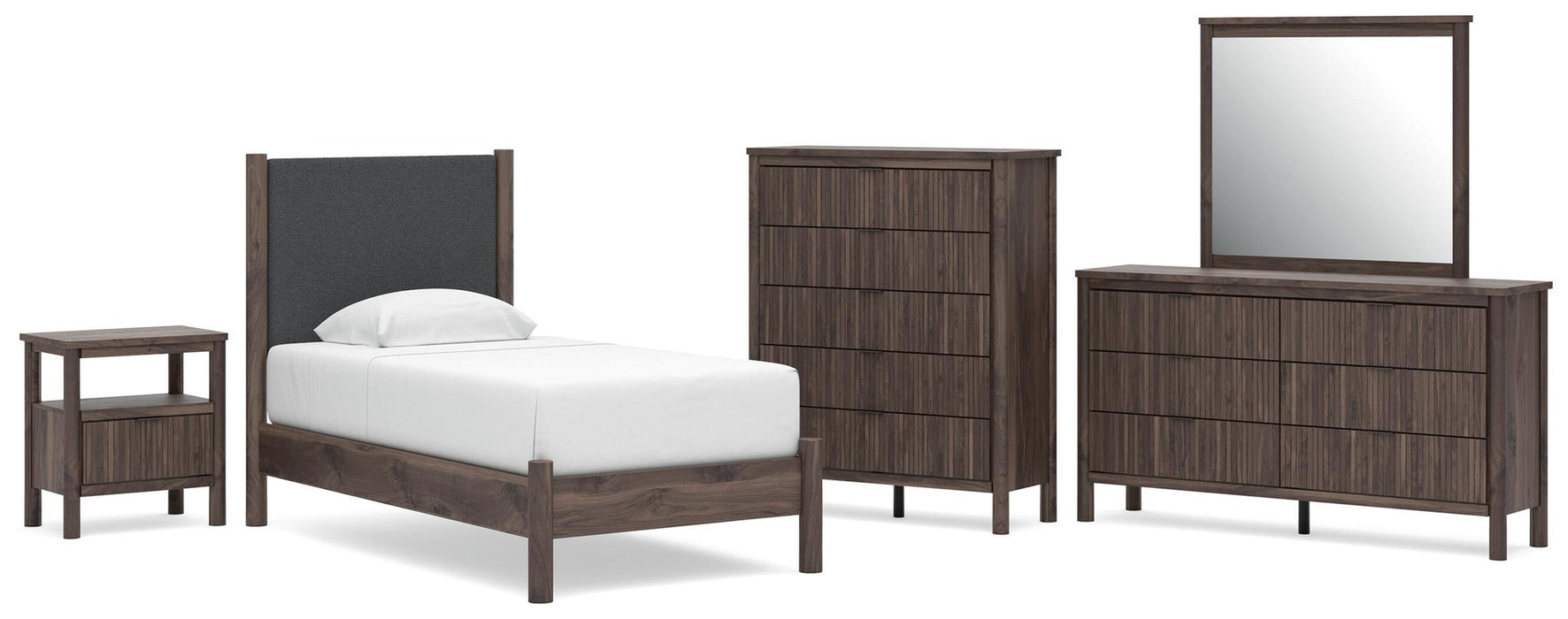 Cadmori Twin Upholstered Panel Platform Bed, Dresser, Mirror, Chest and Nightstand