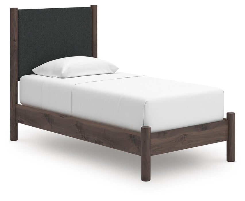 Cadmori Twin Upholstered Panel Platform Bed, Dresser, Mirror, Chest and Nightstand