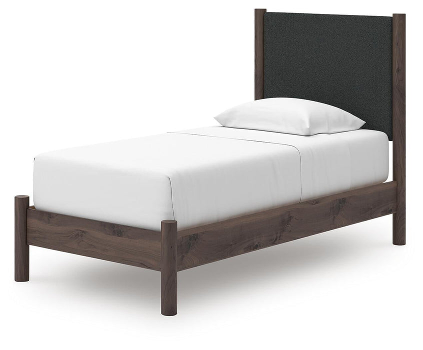 Cadmori Twin Upholstered Panel Platform Bed, Dresser and Mirror