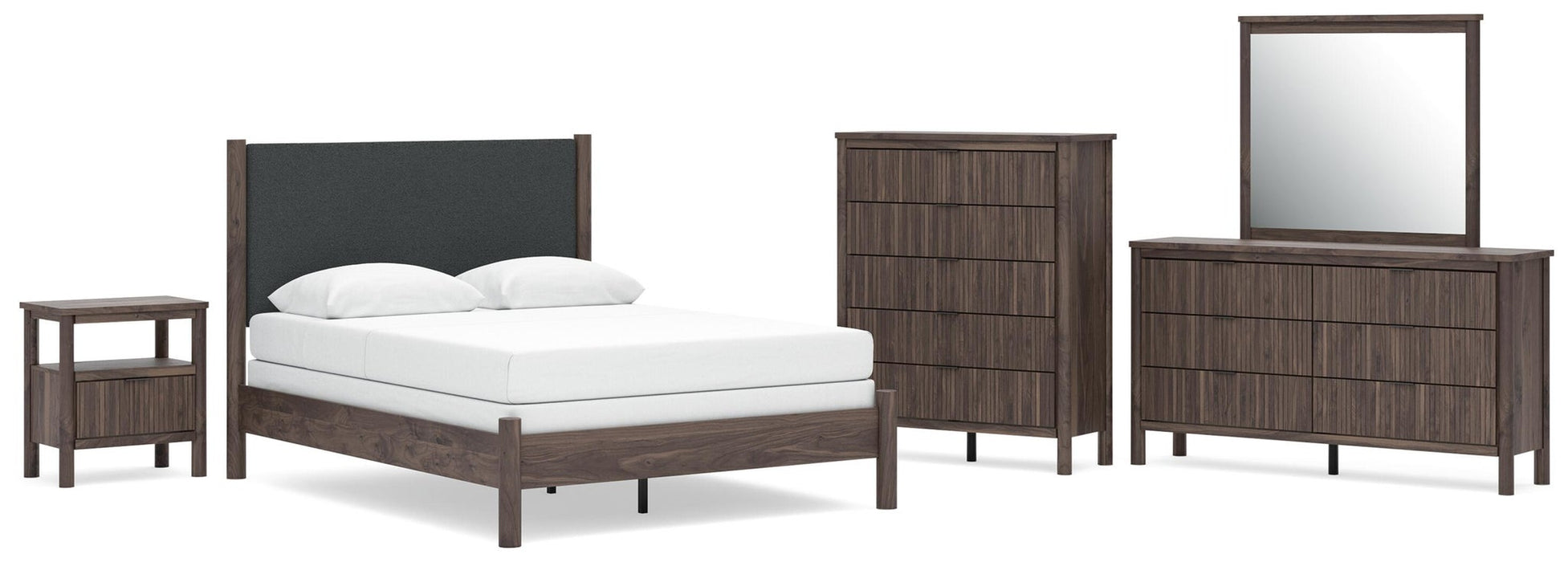 Cadmori Queen Upholstered Panel Bed, Dresser, Mirror, Chest and Nightstand