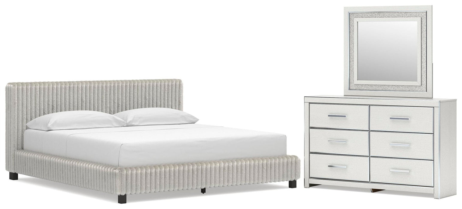Birmonton California King Upholstered Bed, Dresser and Mirror