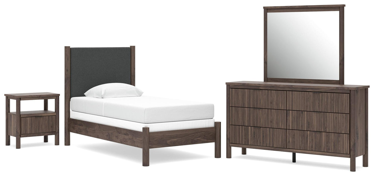 Cadmori Twin Upholstered Panel Bed, Dresser, Mirror and Nightstand