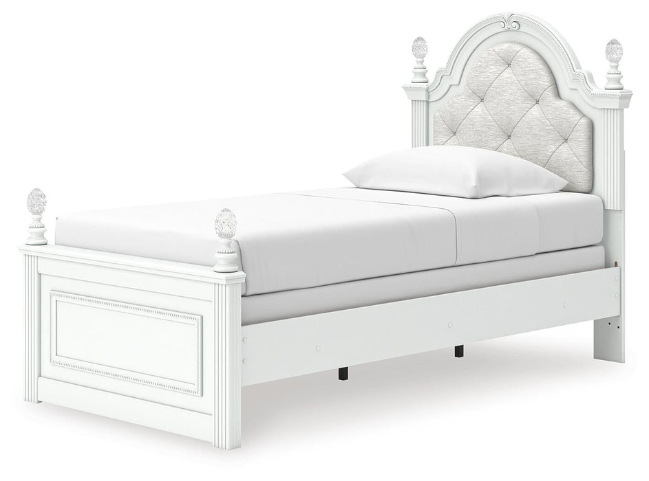 Maylilly Twin Upholstered Panel Bed, Dresser and Mirror