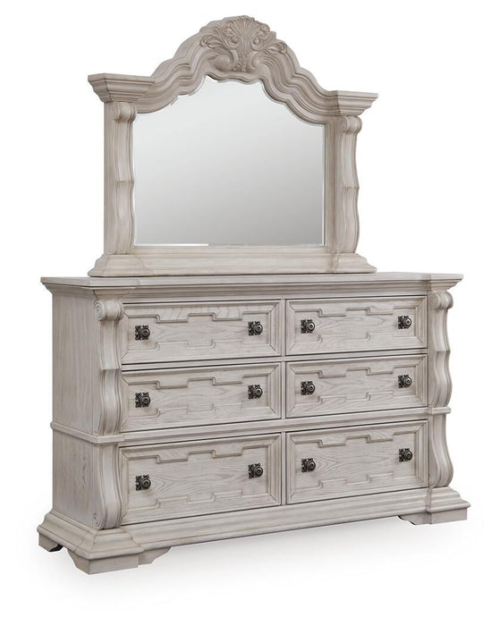 Andonhall California King Upholstered Panel Bed with Mirrored Dresser