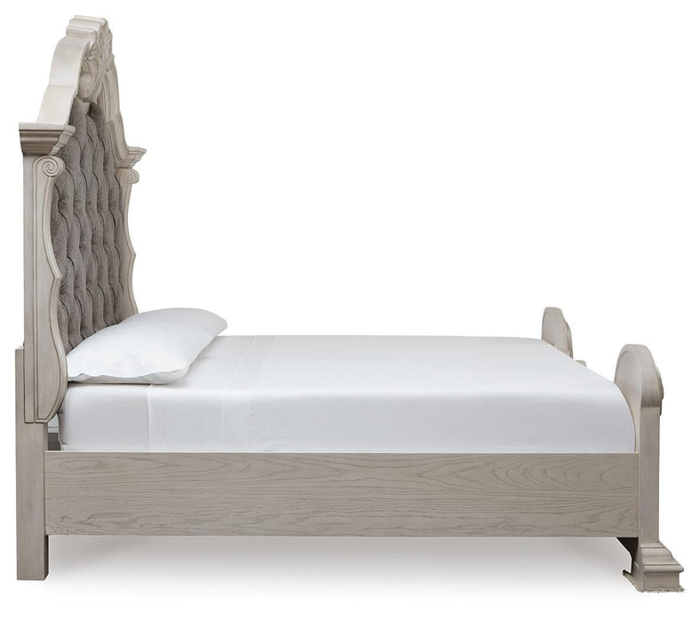 Andonhall California King Upholstered Panel Bed with Mirrored Dresser