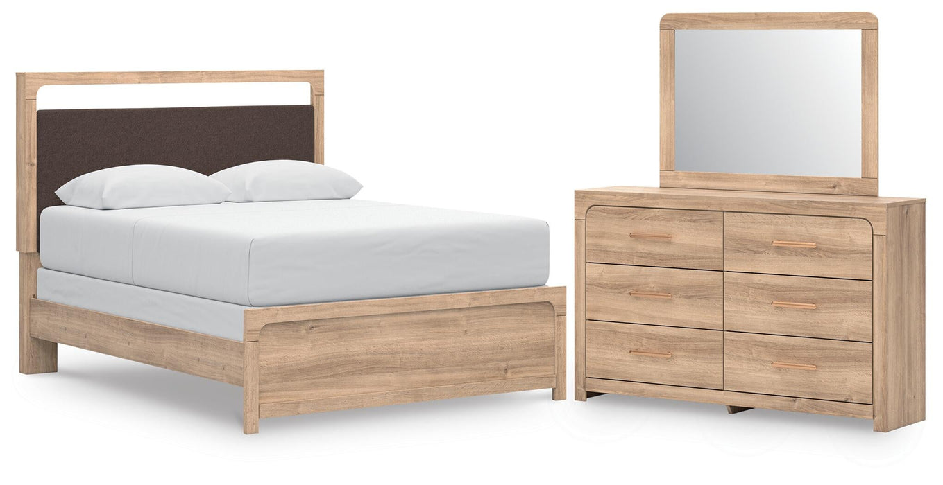 Hollymount Queen Upholstered Panel Bed, Dresser and Mirror