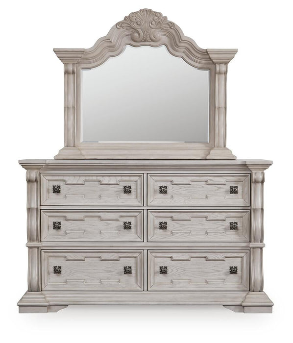 Andonhall California King Upholstered Panel Bed with Mirrored Dresser and Nightstand