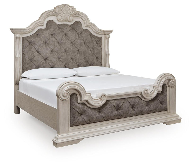 Andonhall California King Upholstered Panel Bed with Mirrored Dresser and Nightstand