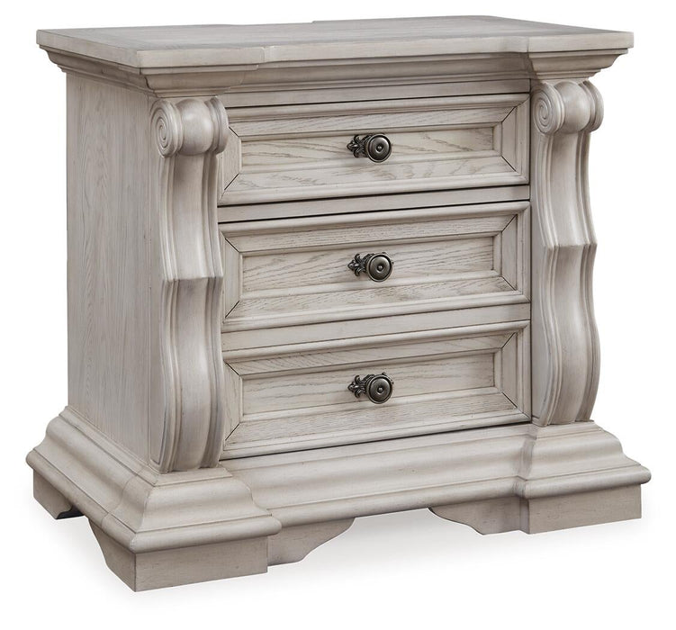 Andonhall California King Upholstered Panel Bed with Mirrored Dresser and Nightstand