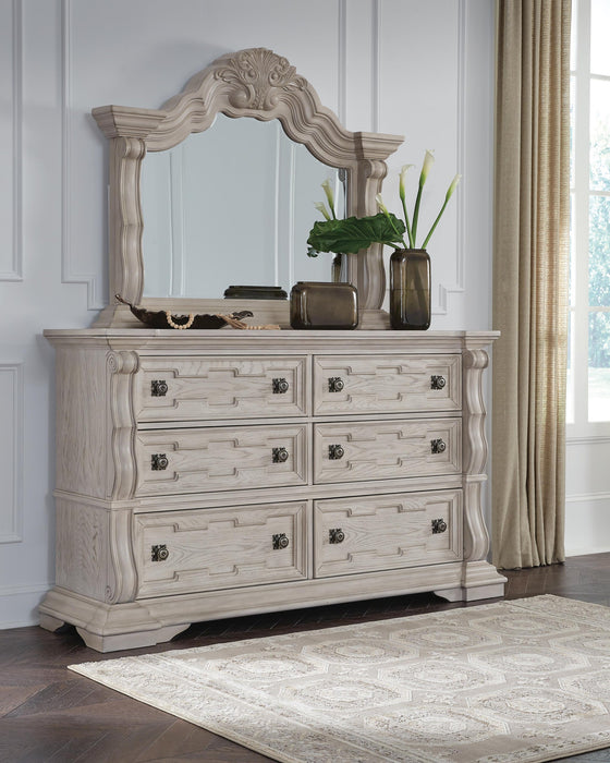 Andonhall California King Upholstered Panel Bed with Mirrored Dresser and Nightstand
