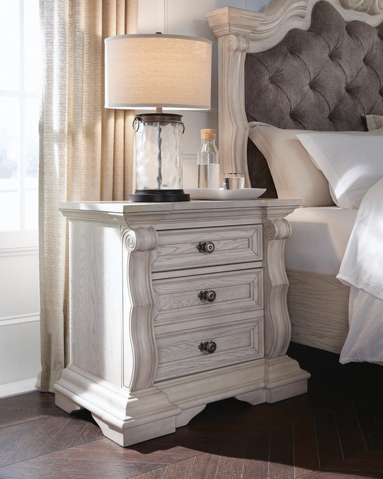 Andonhall California King Upholstered Panel Bed with Mirrored Dresser and Nightstand