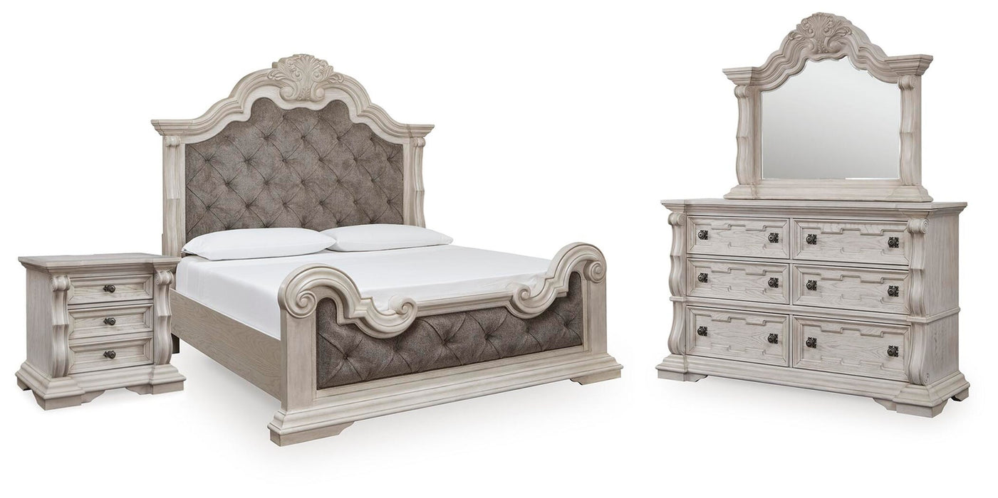 Andonhall California King Upholstered Panel Bed with Mirrored Dresser and Nightstand