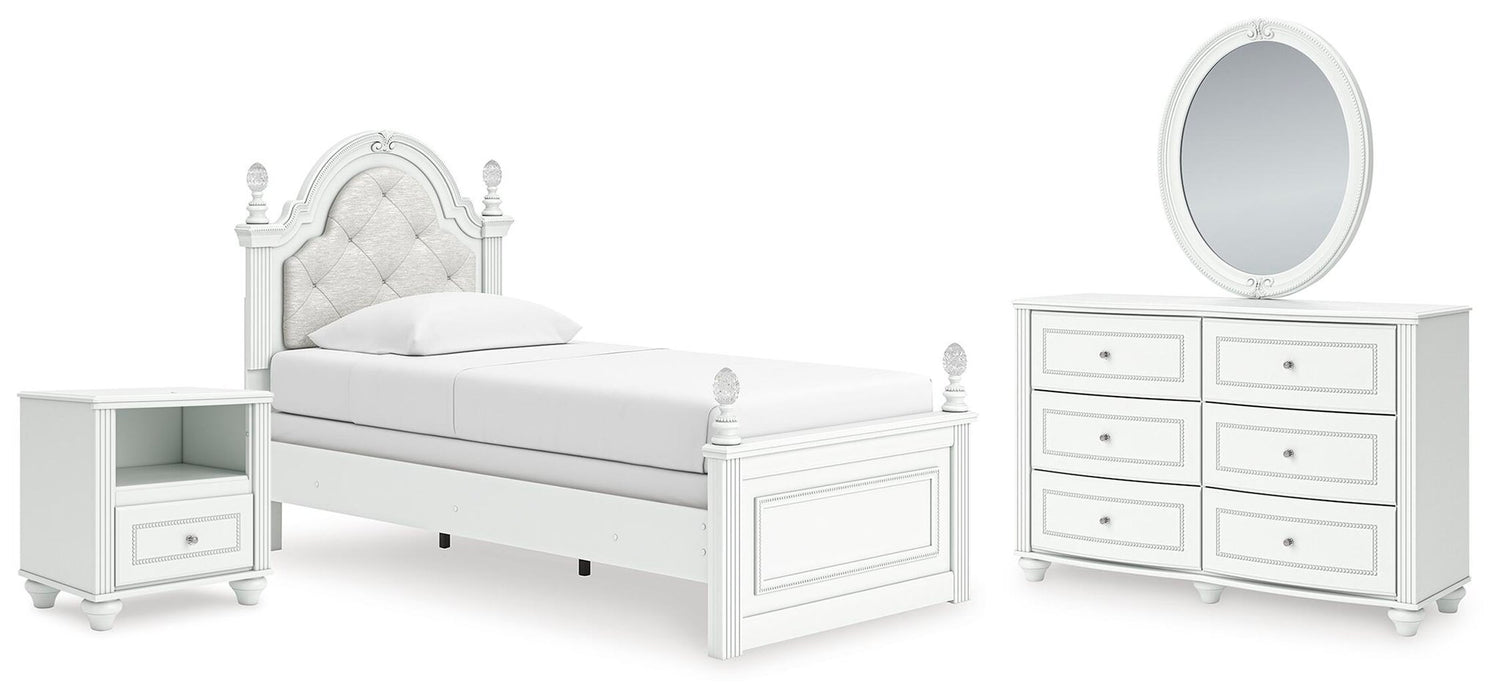 Maylilly Twin Upholstered Panel Bed, Dresser, Mirror and Nightstand