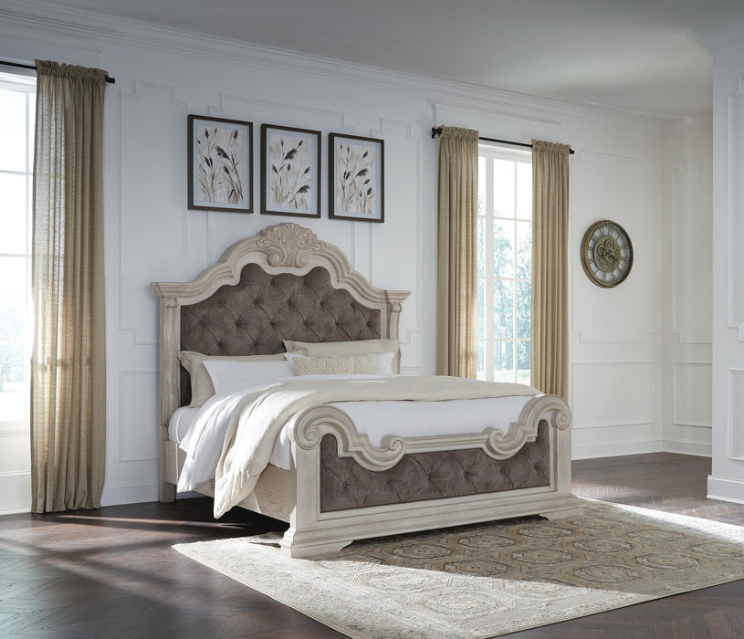 Andonhall King Upholstered Panel Bed with Mirrored Dresser