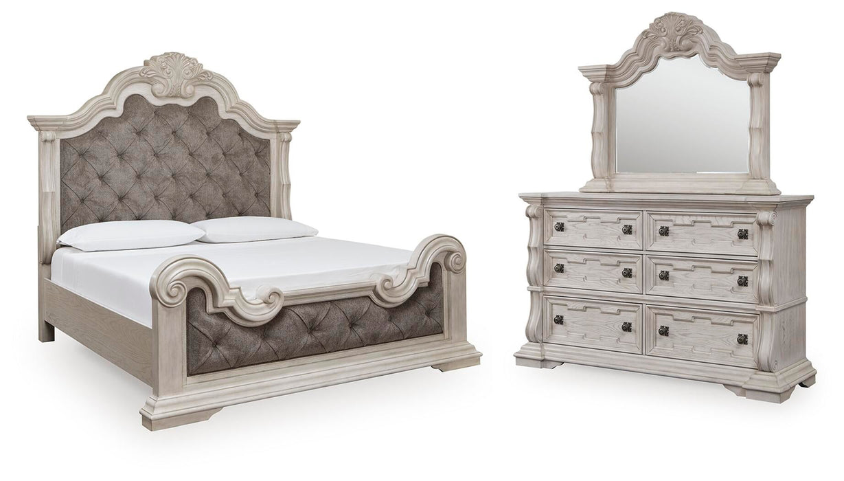 Andonhall King Upholstered Panel Bed with Mirrored Dresser