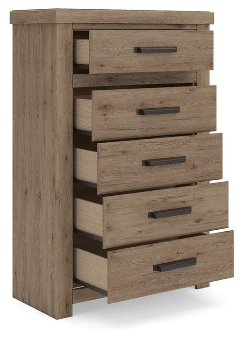 Garistyn Queen Panel Storage Bed, Dresser, Mirror, Chest and Nightstand
